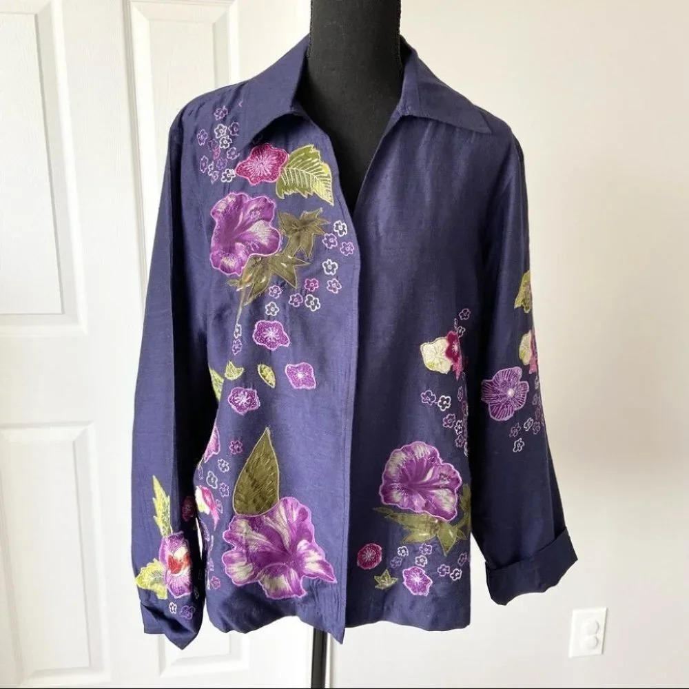 Vintage Coldwater Creek Floral Embroidered Open Front Lightweight Jacket